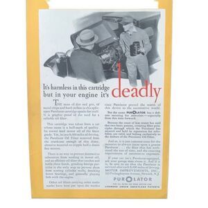 Vintage 1932 PurOlator Oil Filter Harmless in This Cartridge Ad Advertisement
